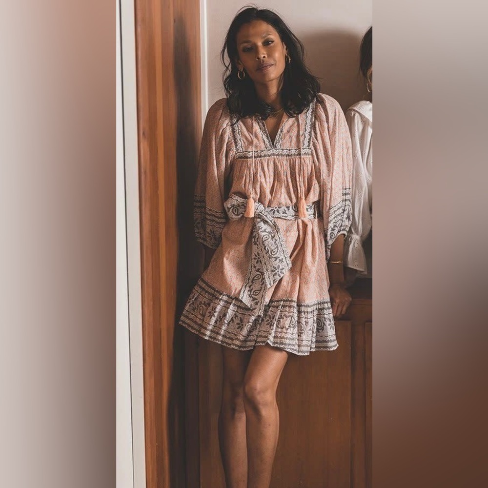 Cleobella Peach and Ivory Printed Mini Dress